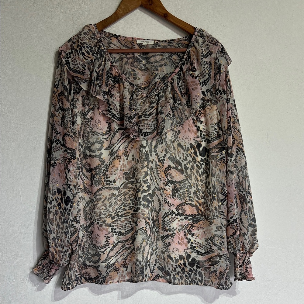 Maurices Sheer Animal-Print Ruffle Blouse in Pink and Black